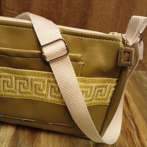 NEW Faux Leather Shoulder Purse Bag Avocado green Greek trim Crossbody Supple! - Picture 3 of 10
